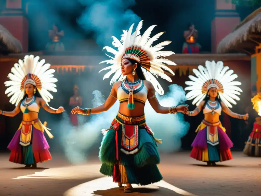 Danzas rituales de la civilización maya: Grupo de bailarines mayas en trajes vibrantes, realizando una danza ritual en un espacio ceremonial sagrado