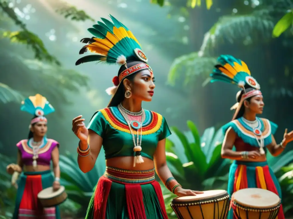 Danzas rituales de la civilización maya: Grupo de bailarines mayas en trajes tradicionales vibrantes, ejecutando una danza sagrada en la selva