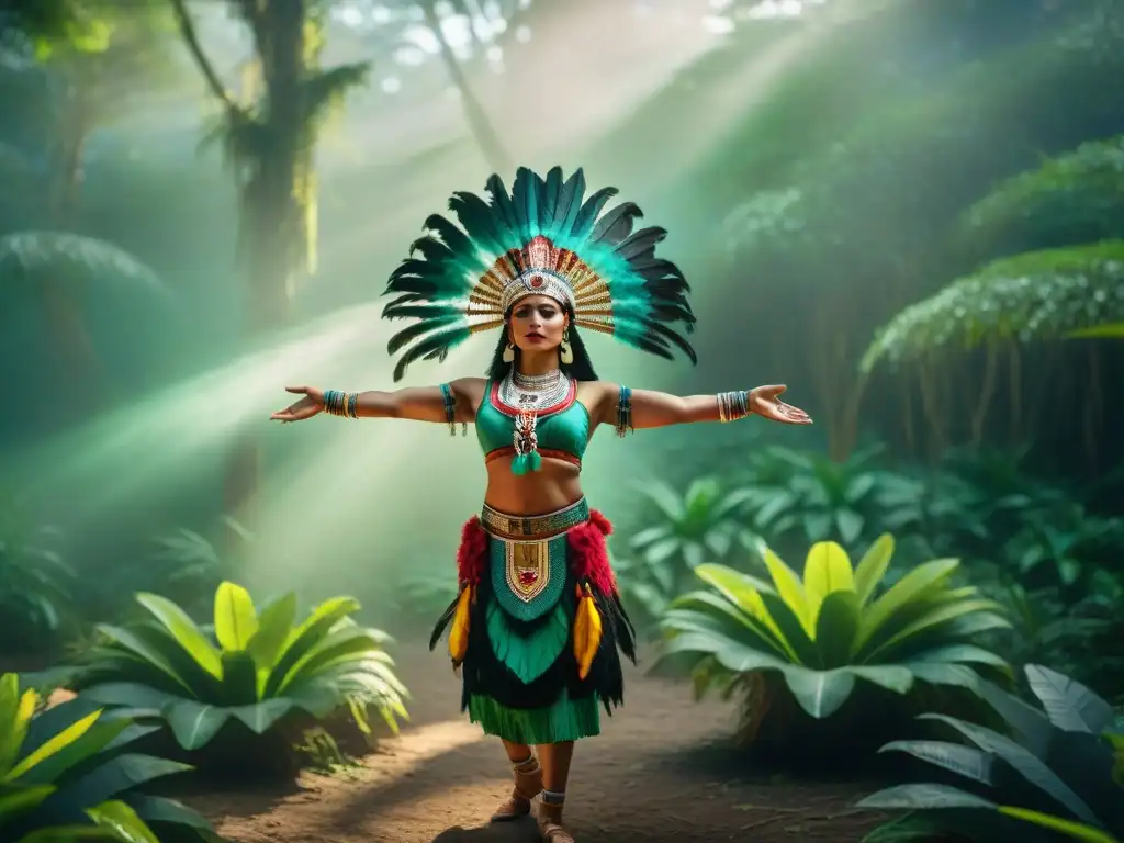 Danzas rituales de la civilización maya: Grupo de bailarines mayas con trajes tradicionales y tocados de plumas en la selva