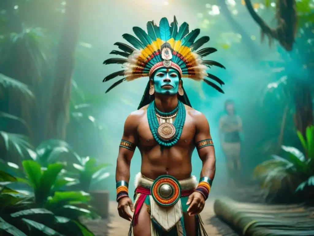 Danzas rituales de la civilización maya al amanecer en la selva, con danzantes y espectadores maravillados