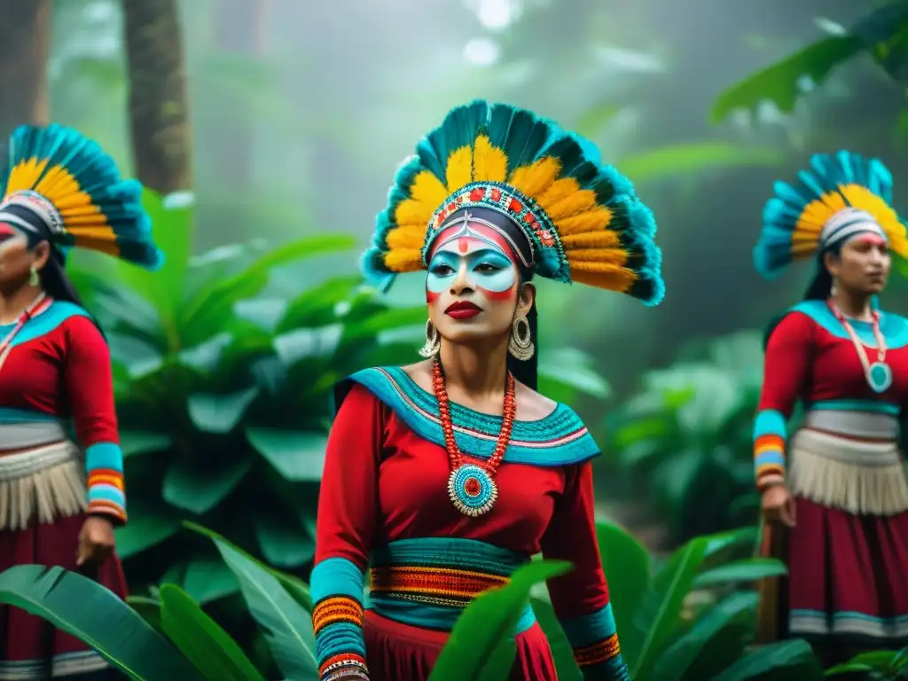 Preservación de danzas rituales mayas contemporáneas: Grupo de bailarines mayas en trajes tradicionales, ejecutando danza ritual en la selva