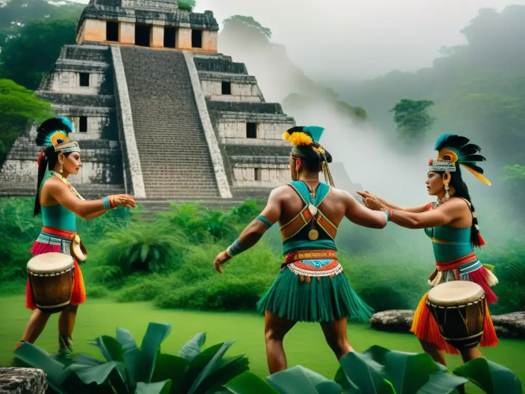 Danzas rituales mayas en la jungla: colores vibrantes, movimientos sincronizados, antigua magia