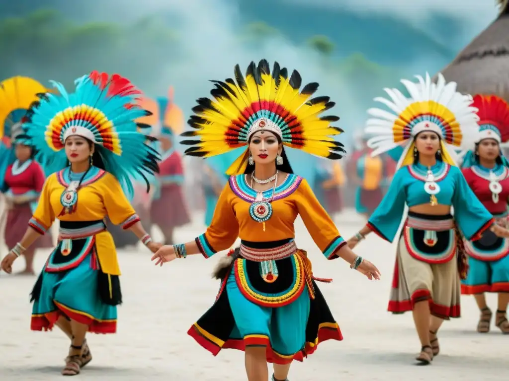 Danzas rituales mayas significado: Grupo de bailarines mayas con trajes vibrantes y movimientos cautivadores en plaza ancestral