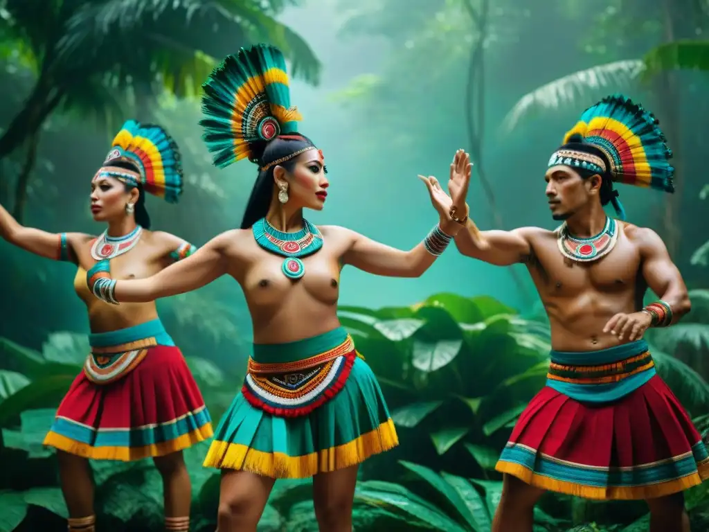 Danzas rituales mayas significado: Grupo de bailarines mayas en trajes vibrantes realizando un ritual en la selva con ruinas antiguas al fondo