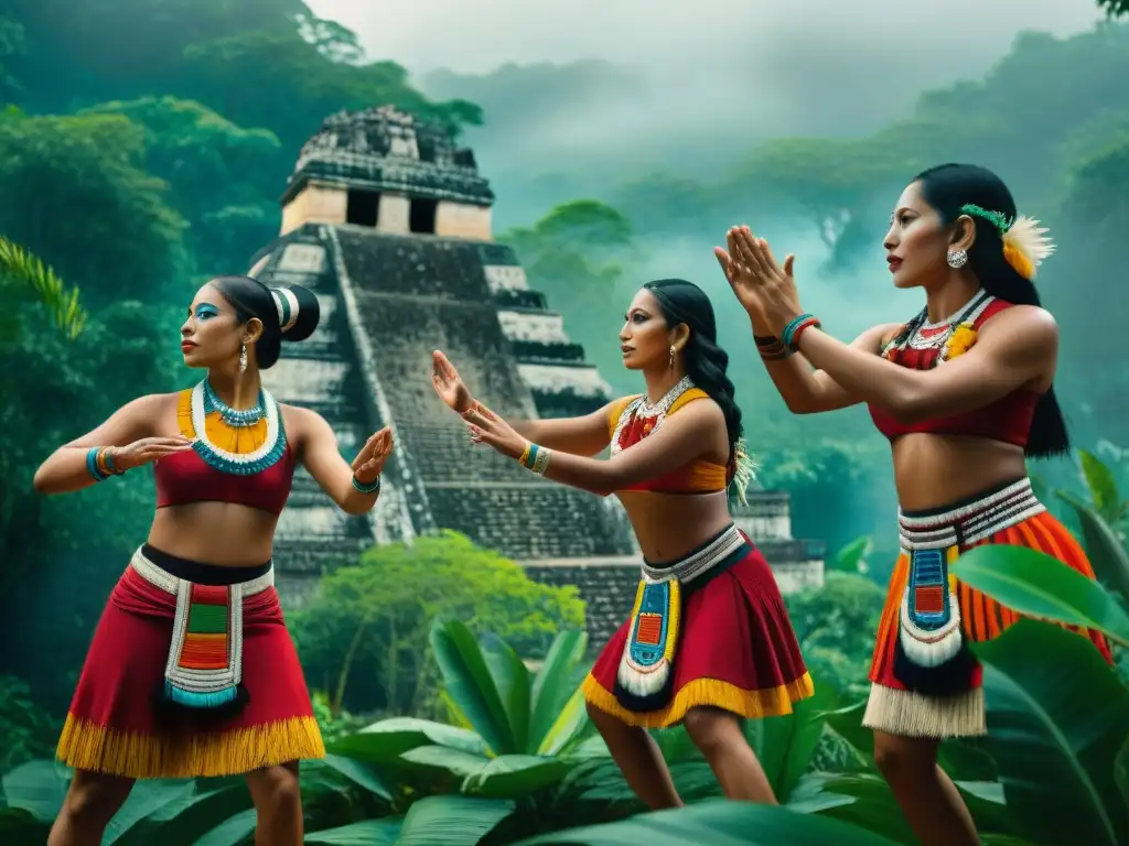 Danzas rituales mayas significado: Grupo de danzantes mayas en un ritual sagrado en la selva