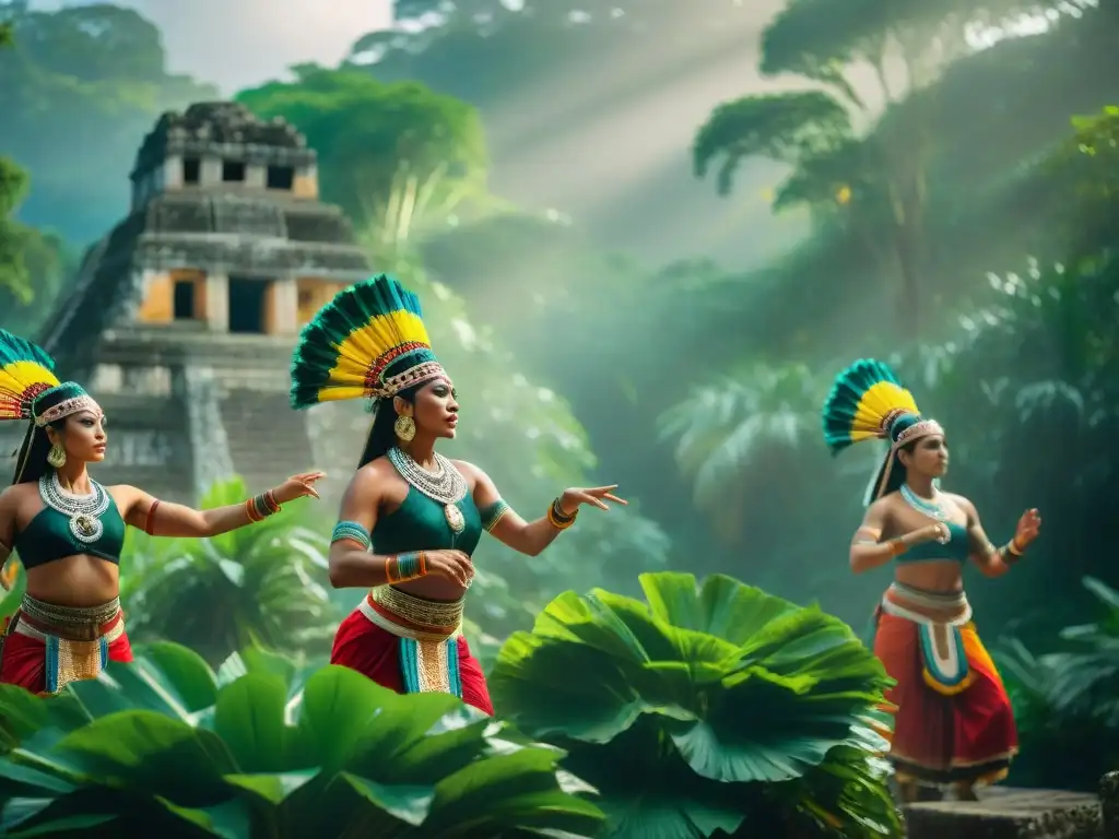 Danzas rituales mayas significado: Grupo de bailarines mayas con trajes vibrantes en la selva, realizando una danza sagrada