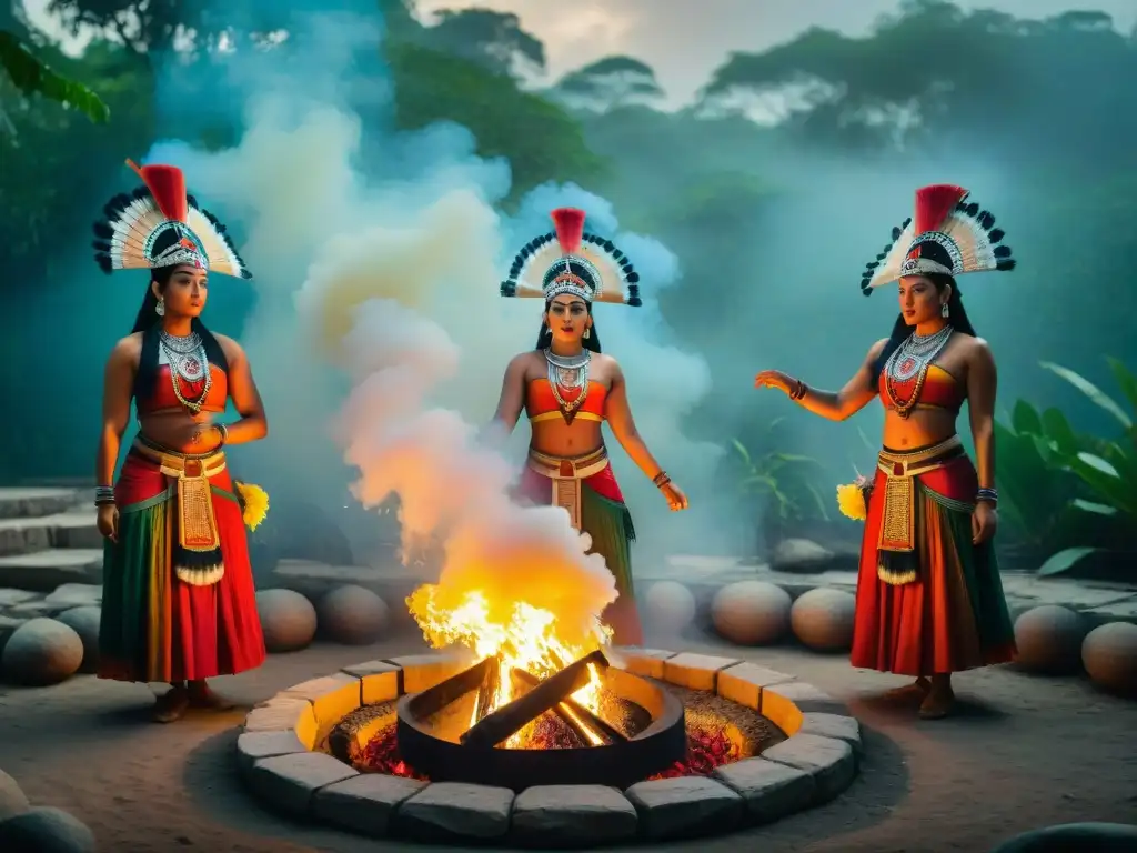 Danzas rituales mayas significado: Grupo de bailarines mayas en trajes tradicionales coloridos alrededor de una fogata en la selva