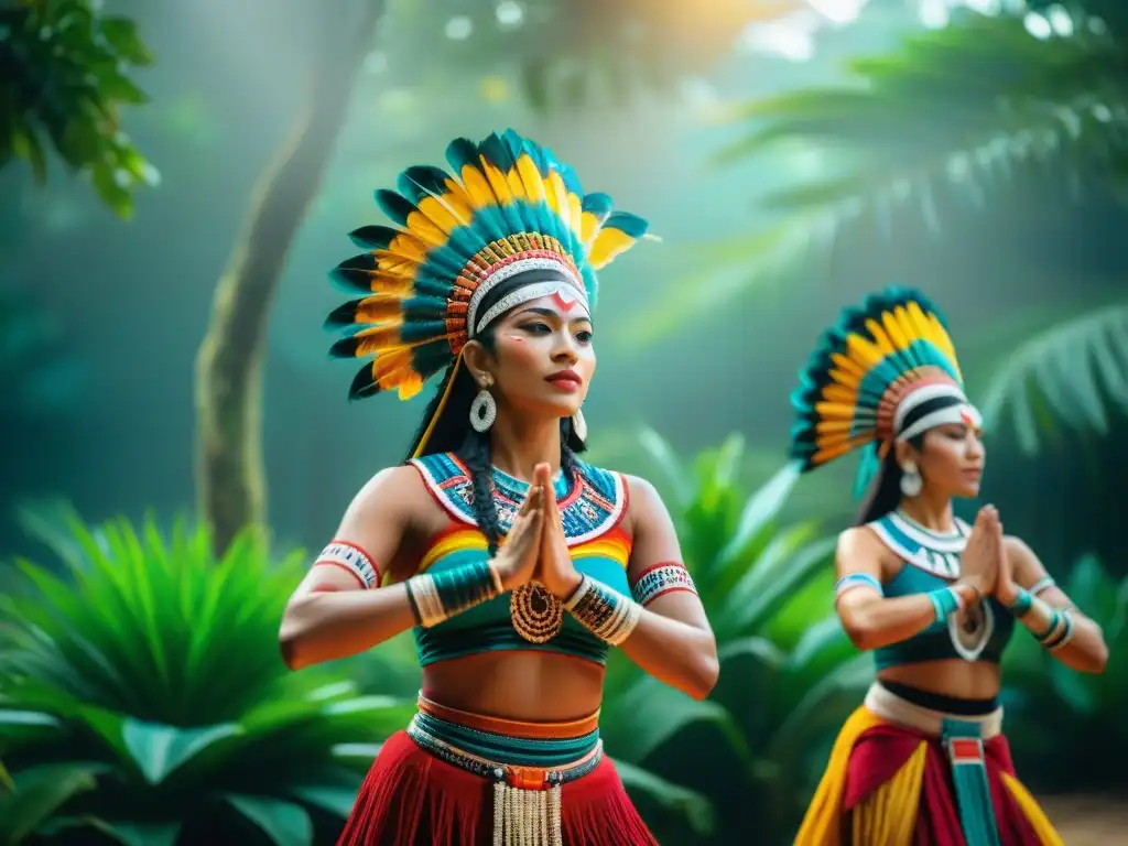 Danzas rituales mayas significado: Grupo de bailarines mayas en trajes tradicionales, ejecutando un baile sagrado en la selva soleada