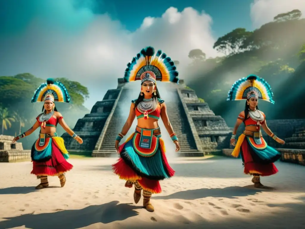 Danzas tradicionales mayas significado: Grupo de bailarines mayas en trajes vibrantes realizando una danza sagrada en ruinas antiguas