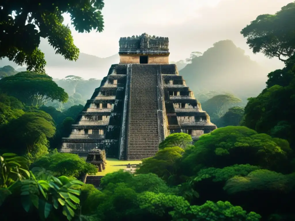 Decadencia arquitectónica de la civilización maya: una pirámide maya envuelta por la exuberante jungla, sus detalles erosionados por el tiempo