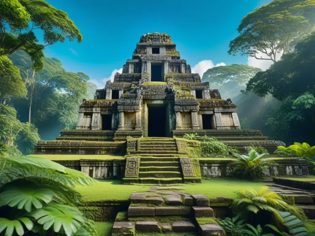 Decadencia arquitectónica civilización maya: Ruinas de un templo Maya rodeado de exuberante vegetación y cielo azul intenso