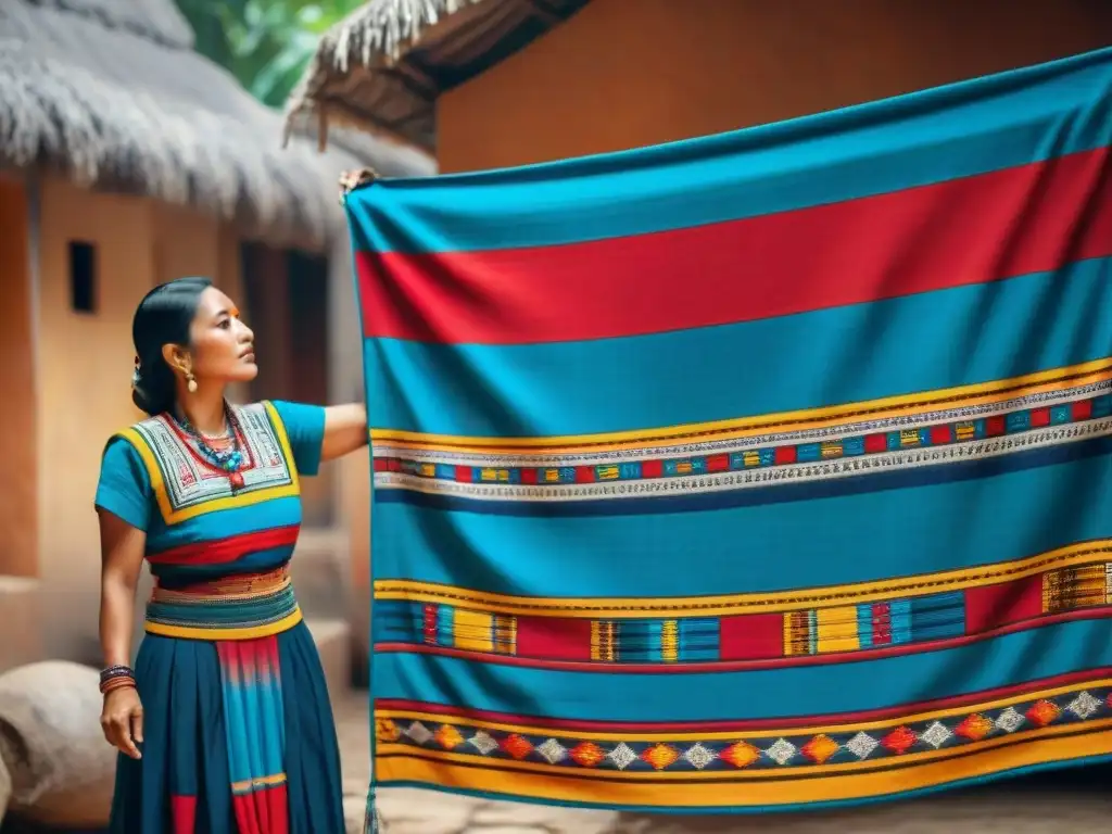 Delicado tejido maya en rojo, azul y amarillo, reflejando la artesanía y significado de los patrones en vestimentas mayas