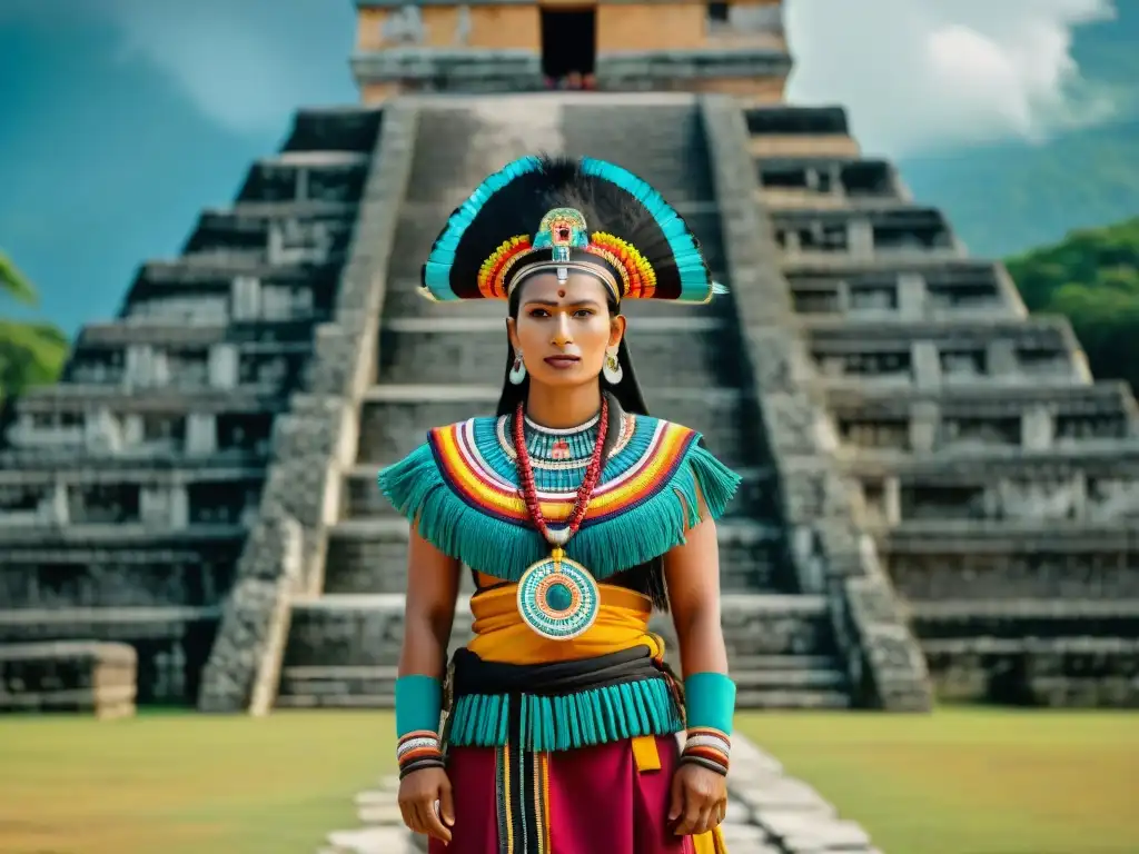 Descendientes mayas en la actualidad: Persona orgullosa con atuendo tradicional frente a templo antiguo y colorido