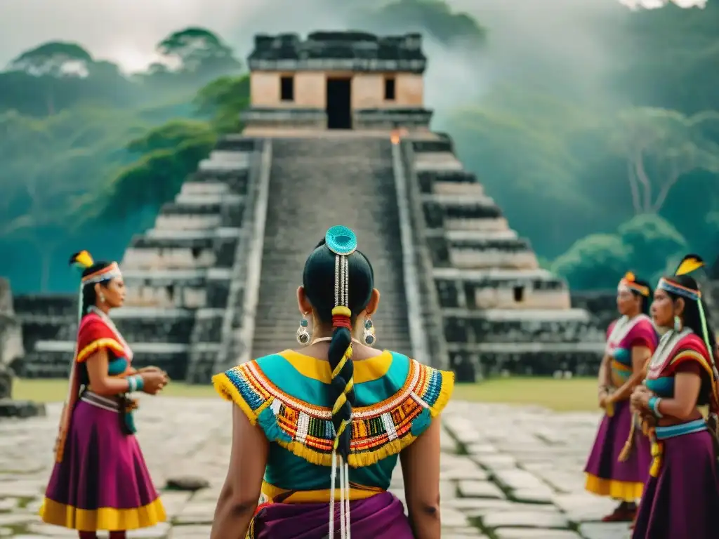 Descendientes mayas en la actualidad realizando un ritual tradicional entre ruinas antiguas