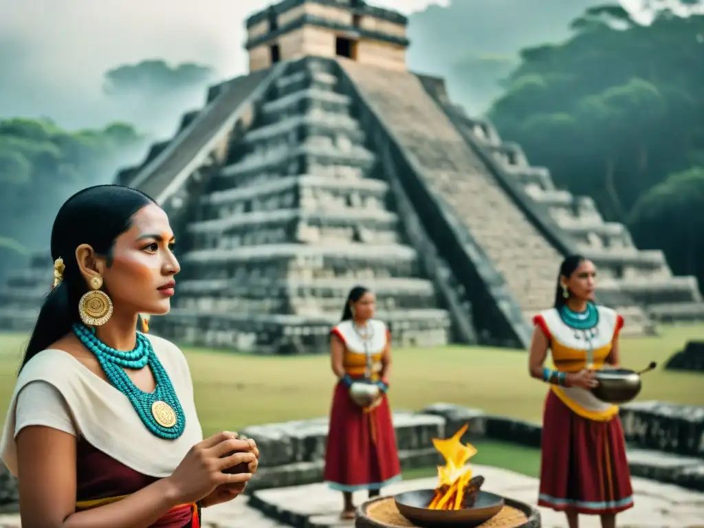 Descendientes mayas en ceremonia frente a ruinas, reflejando la fusión de tradiciones antiguas y vida actual, orgullo y resistencia cultural