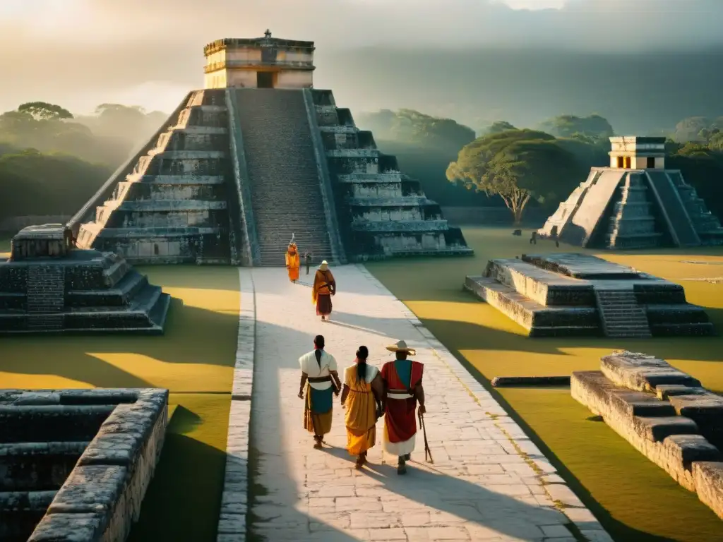 Descendientes mayas en tradición peregrina caminan por Chichén Itzá al amanecer