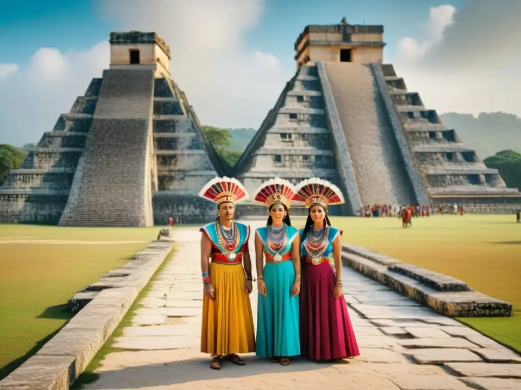 Descendientes mayas en tradición peregrina frente a El Castillo en Chichén Itzá