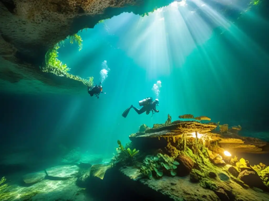 Descubrimiento de artefactos mayas en un cenote, rodeados de naturaleza exuberante y rayos de sol brillantes