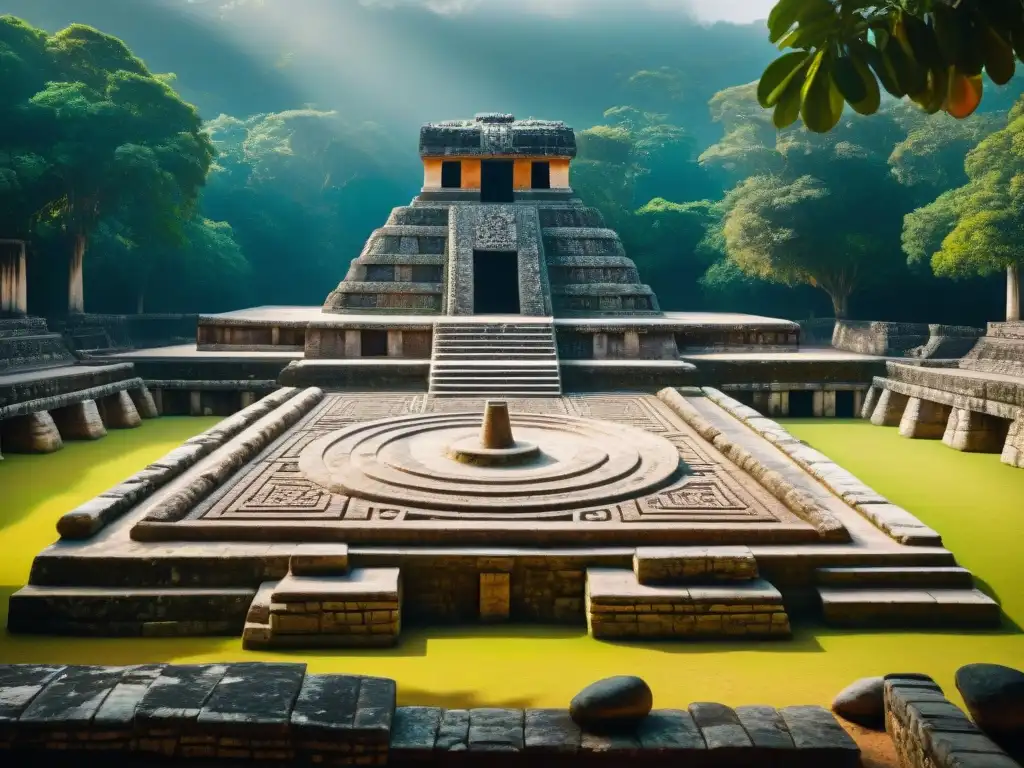 Descubrimiento de cancha juego pelota maya detallada con grabados en piedra y colores vibrantes