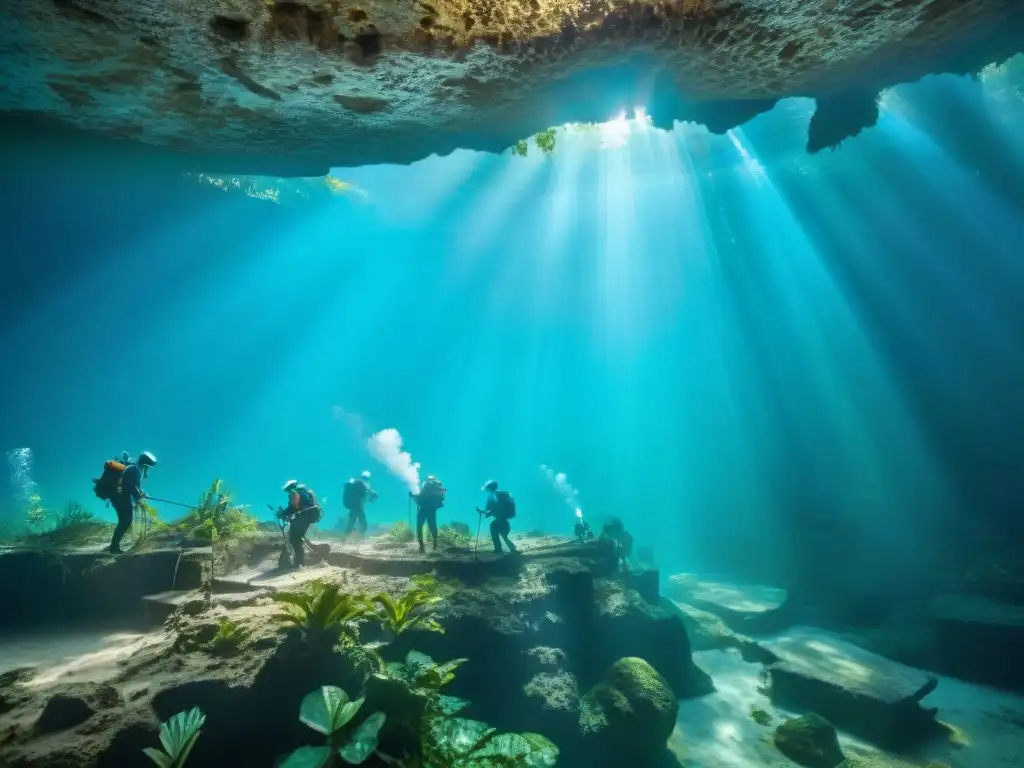 Descubrimiento de cenotes en la vida maya: arqueólogos exploran un cenote maya rodeado de vegetación exuberante