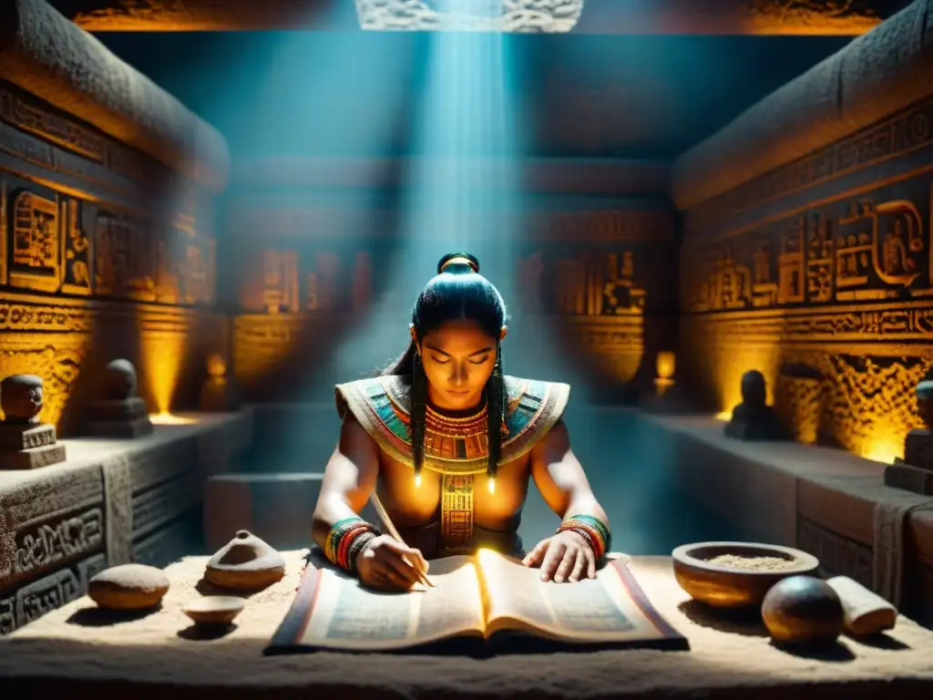 Descubrimiento de códices mayas desaparecidos en una habitación antigua iluminada con un codex misterioso sobre la mesa