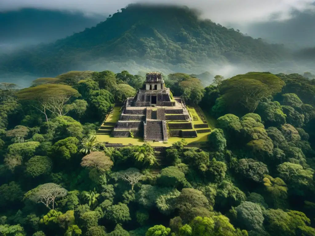 Descubrimientos arqueológicos civilización maya: misteriosa selva guatemalteca con ruinas mayas entre exuberante vegetación