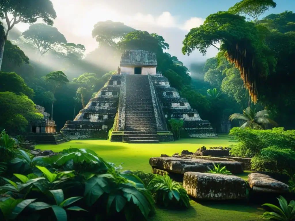 Descubrimientos arqueológicos de la civilización maya: ruinas, jeroglíficos y vegetación exuberante