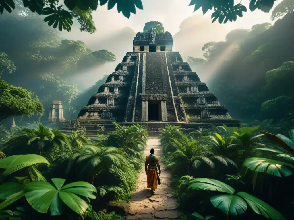 Descubrimientos arqueológicos civilización maya: Selva densa con ruinas mayas ocultas bajo la vegetación, resplandor del sol entre los árboles