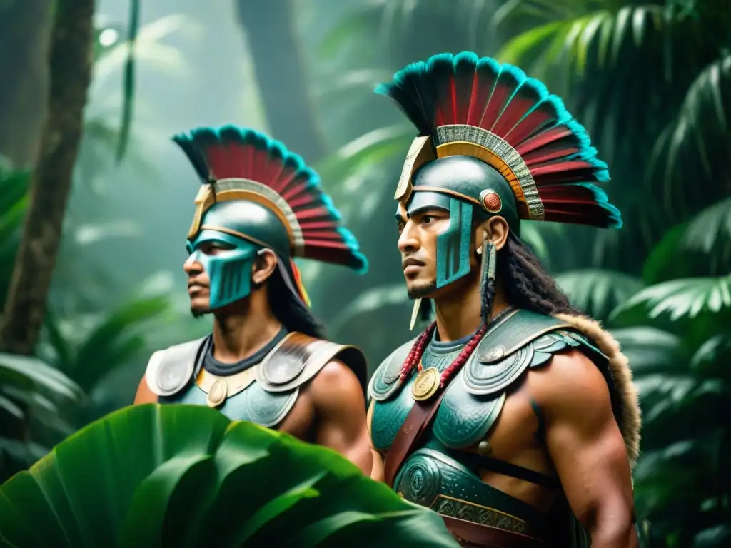 Descubrimientos milicia maya pasado: Grupo de guerreros mayas en armaduras de jade, con lanzas de obsidiana en la selva