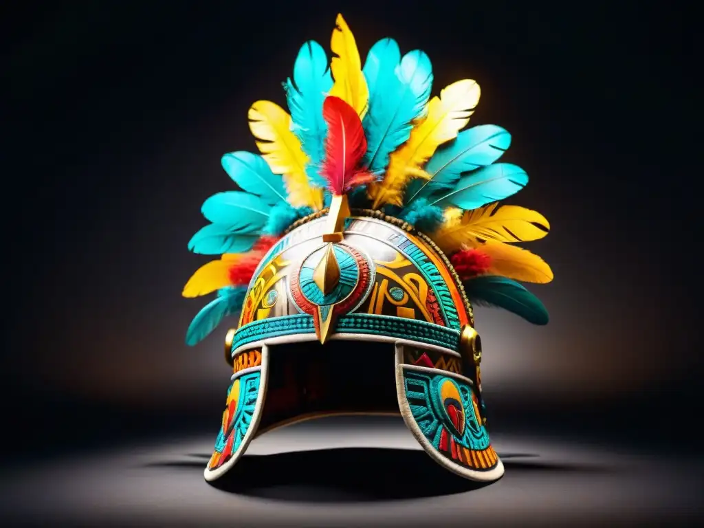 Descubrimientos milicia maya pasado: Detalle de casco guerrero maya con decoraciones simbólicas y colores vibrantes