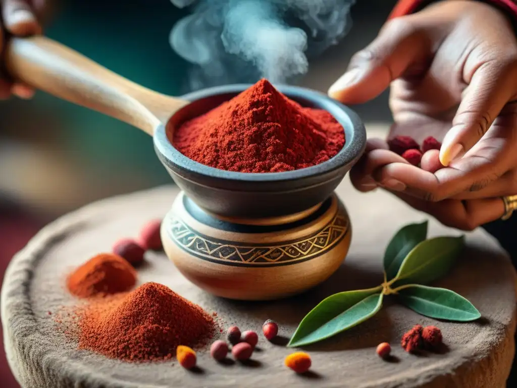 Moliendo con destreza semillas de achiote para resaltar las propiedades medicinales achiote maya