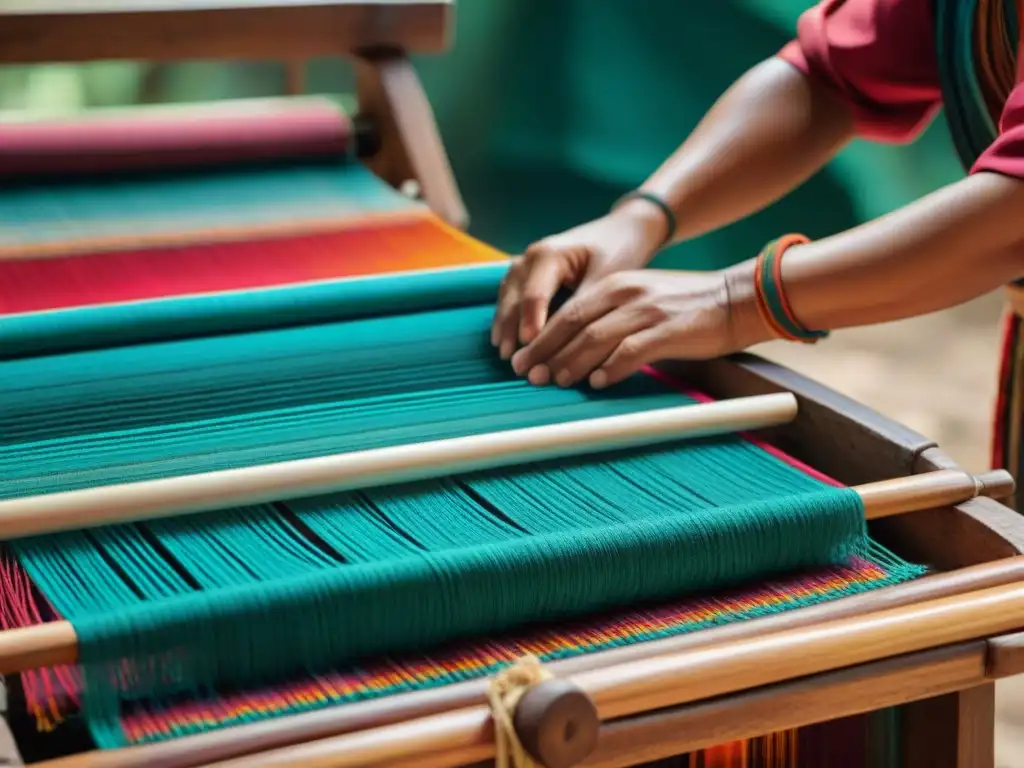 Teje con destreza un textil maya en telar de cintura, destacando colores vibrantes y patrones detallados