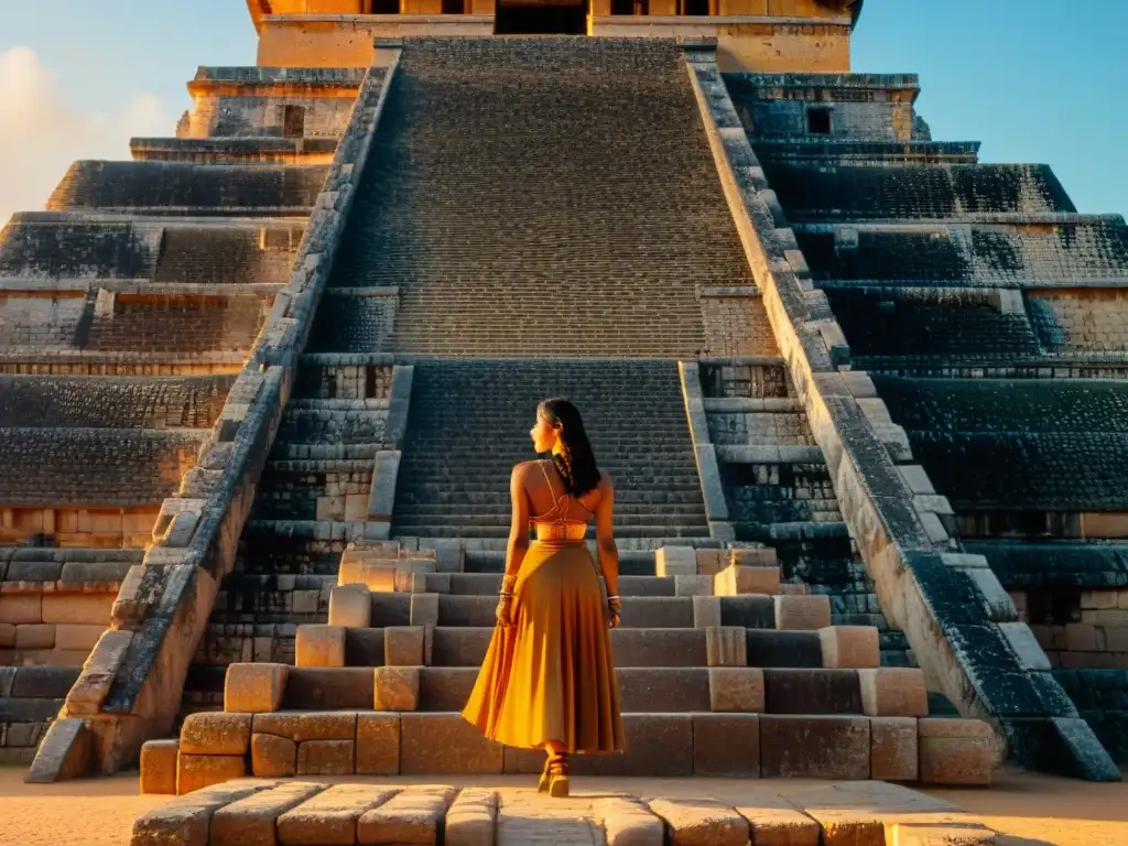 Fotografía detallada de la arquitectura y astronomía maya en Uxmal al atardecer