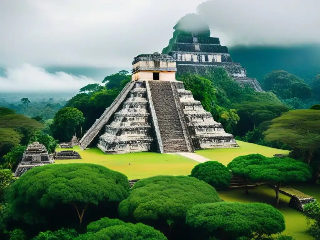 Detallada arquitectura maya en Caracol, con ruinas intricadas, pirámides majestuosas y exuberante vegetación