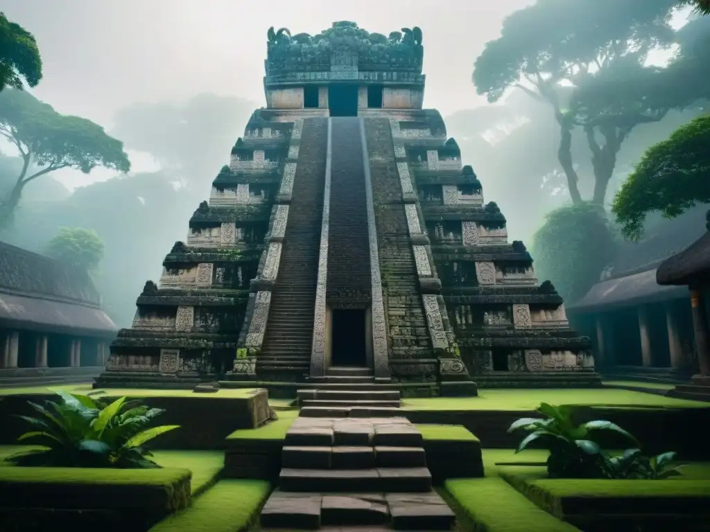 Explora la detallada arquitectura de un templo maya con exuberante vegetación y misteriosa neblina