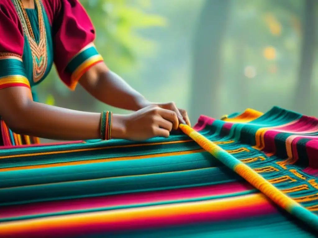 Detallada artesanía maya tejiendo patrones tradicionales en tela colorida, mostrando el significado del arte textil maya