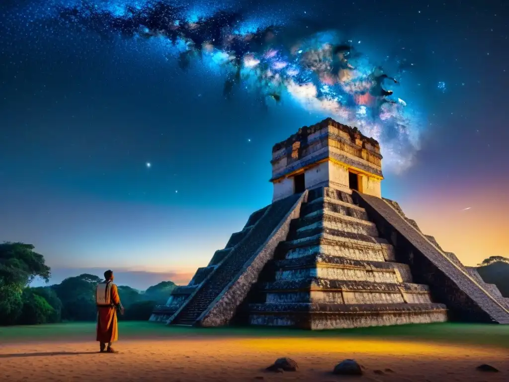 Ilustración detallada de un astrónomo maya observando el cielo nocturno, rodeado de glifos celestiales, en un templo maya bajo un cielo estrellado