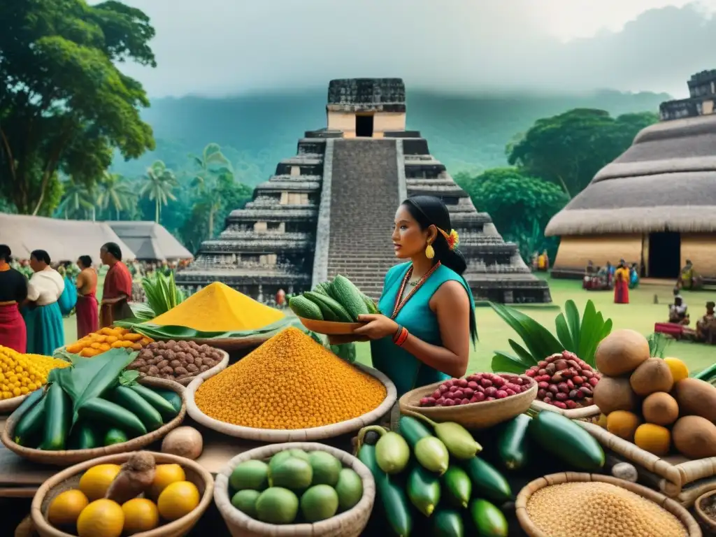 Ilustración detallada de un bullicioso mercado Maya antiguo, repleto de coloridas frutas, verduras y granos