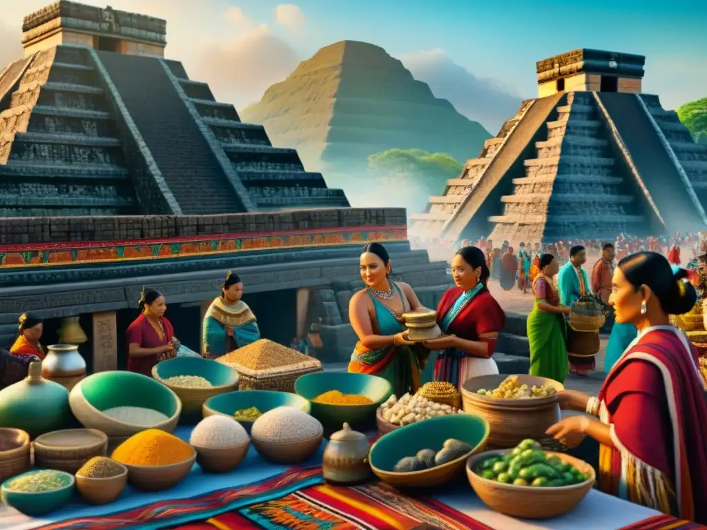 Ilustración detallada de un bullicioso mercado entre mayas y Teotihuacán en las antiguas rutas comerciales mayas Teotihuacán