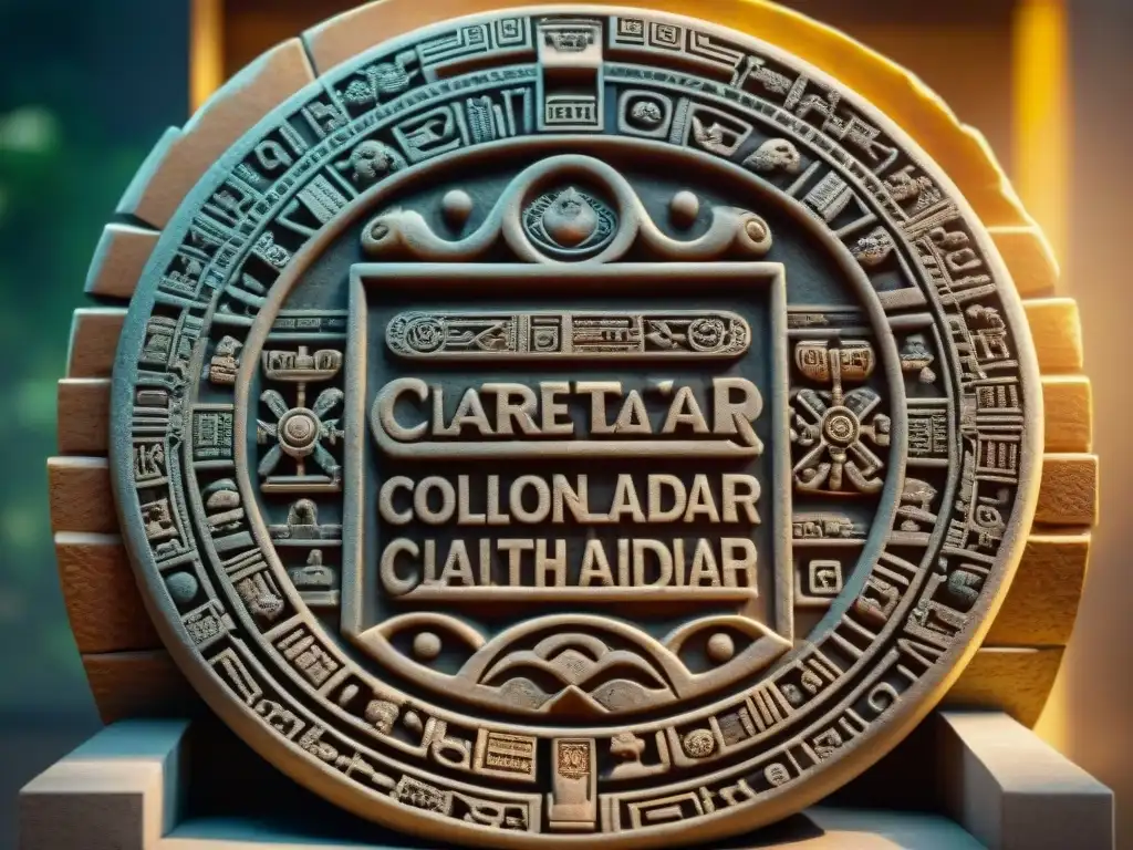 Detallada piedra del calendario Maya, bañada en luz cálida, revelando el significado de la Cuenta Larga