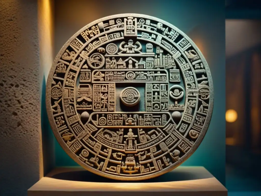 Detallada piedra del calendario maya ciclos largos, con jeroglíficos y símbolos, revela sabiduría ancestral y misterio