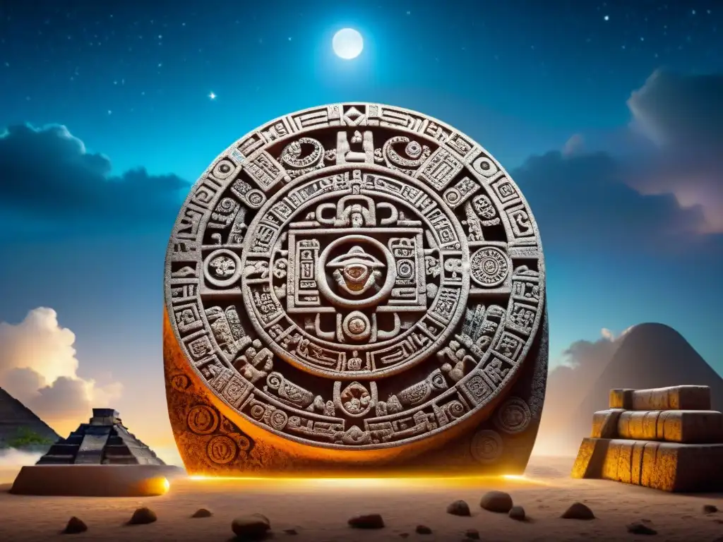 Detallada piedra del calendario maya, con glifos y símbolos, bajo cielo estrellado