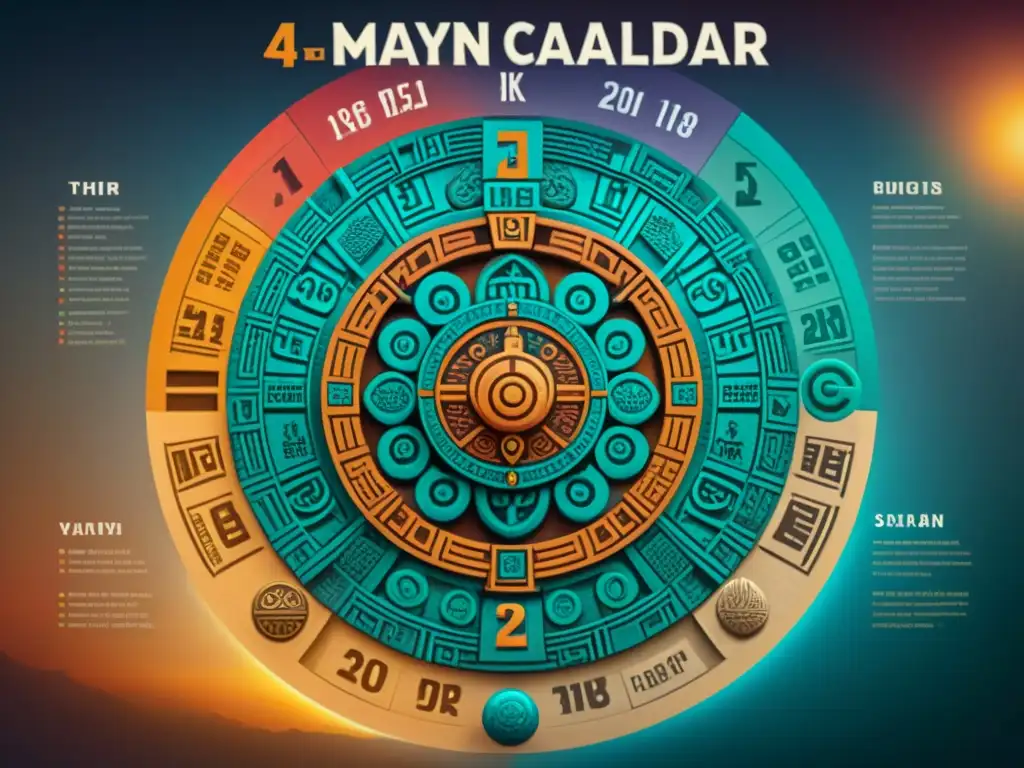 Comparación detallada de calendario maya y gregoriano con glyphs y números, mostrando cosmología maya calendario moderno