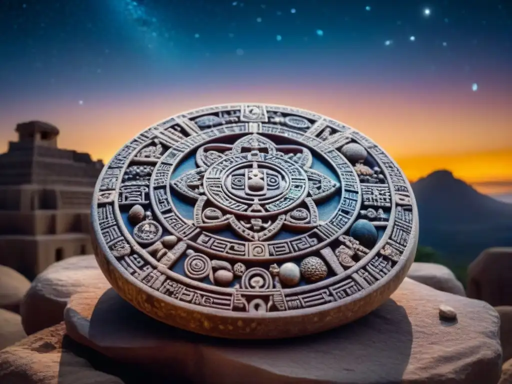 Detallada piedra del calendario maya con símbolos celestiales, en un cielo estrellado