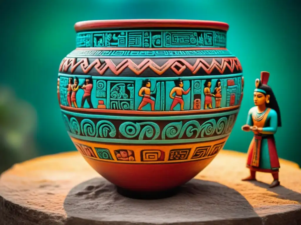 Detallada cerámica maya con símbolos y figuras deidades y escenas diarias, mostrando el significado formas cerámica maya