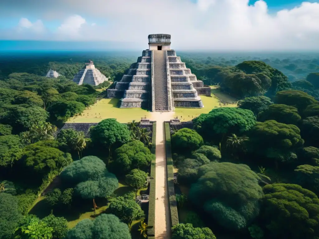 Detallada reconstrucción de ciudad Maya con estructuras de piedra, pirámides y vegetación exuberante