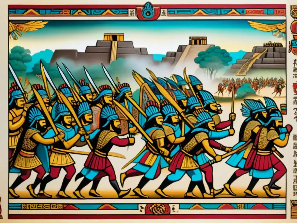 Ilustración detallada de un códice maya con escena de batalla y guerreros en combate, reflejando documentación guerras códices mayas