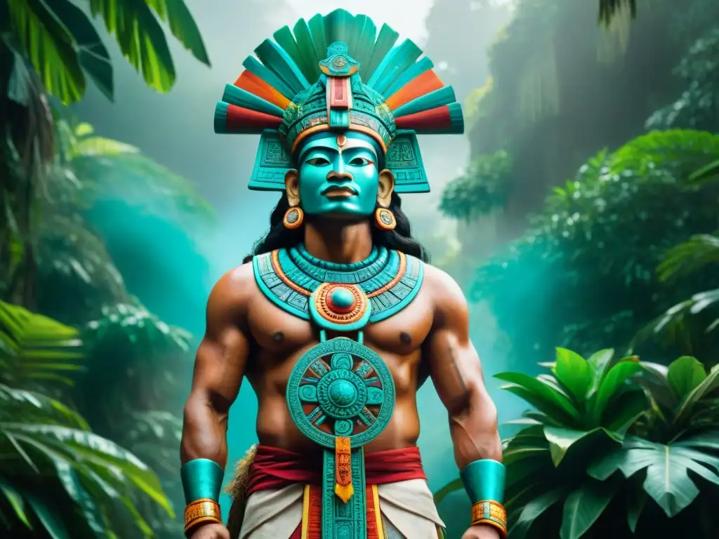 Ilustración detallada del Dios Bolon Dzacab en estilo maya con símbolos de nobleza, en un escenario de templo y selva exuberante