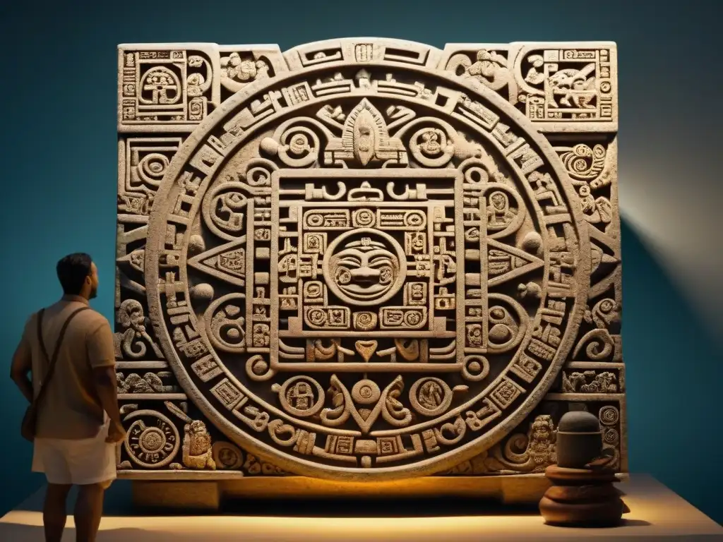 Detallada escultura de piedra del calendario maya, iluminada por luz natural