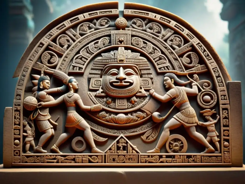 Detallada escultura de piedra del Juego de Pelota maya, con simbolismo astronómico y conexión celestial